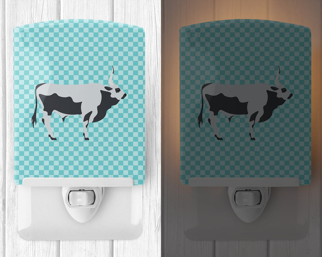 Hungarian Grey Steppe Cow Blue Check Ceramic Night Light Compact, UL-Certified, Ideal for Bedroom, Bathroom, Nursery, Hallway, Kitchen, 6x4x3, Multicolor