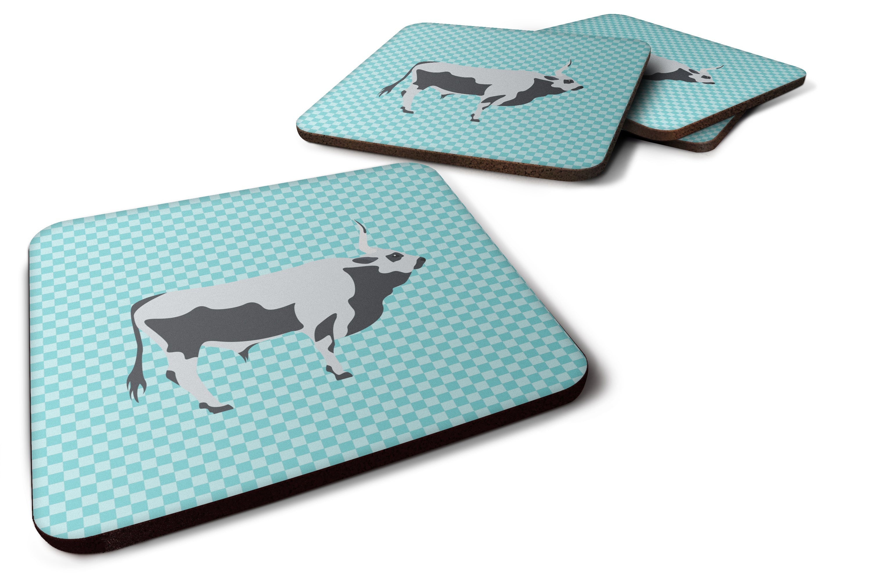 Hungarian Grey Steppe Cow Blue Check Foam Coasters Set of 4 Cup Coasters for Indoor Outdoor, Tabletop Protection, Anti Slip, Mouse pad Material