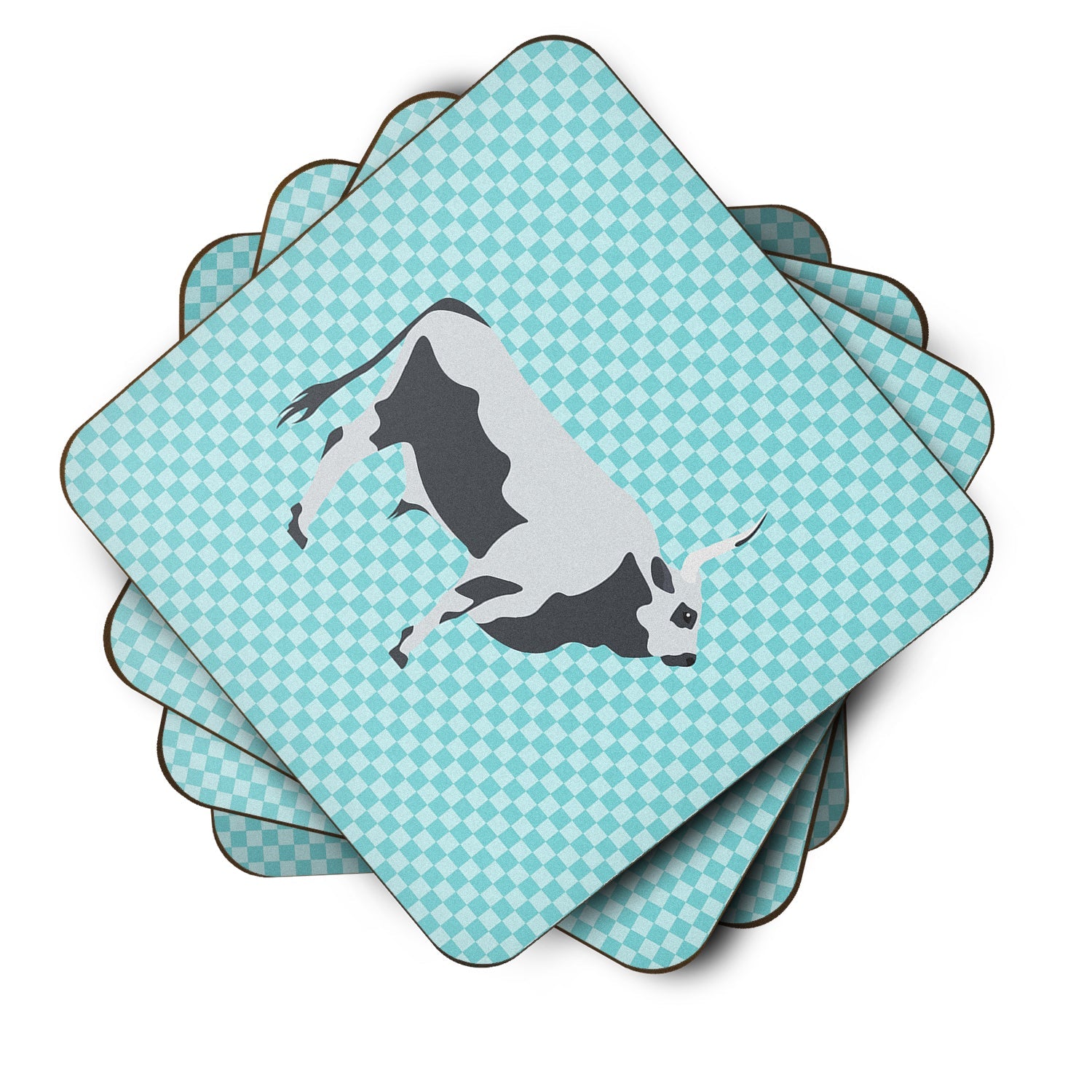 Hungarian Grey Steppe Cow Blue Check Foam Coasters Set of 4 Cup Coasters for Indoor Outdoor, Tabletop Protection, Anti Slip, Mouse pad Material