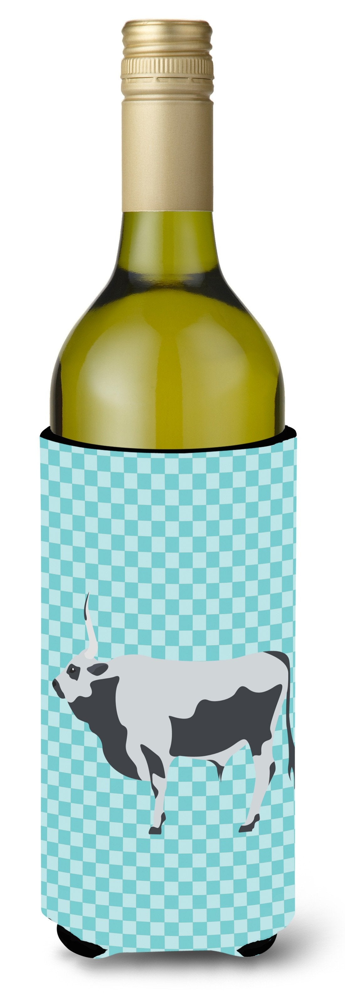 Hungarian Grey Steppe Cow Blue Check Wine Bottle Hugger Gift Sleeve for Standard 750 ml Bottles, Insulated Reusable Also Fits Mini Shot & Pint Bottles