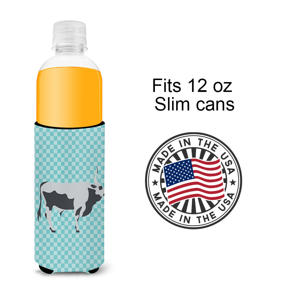 Hungarian Grey Steppe Cow Blue Check Slim Can Hugger , Insulated Foam Hugger for 12 oz Slim Cans, Beer Bottles & Water Bottles, Printed in USA