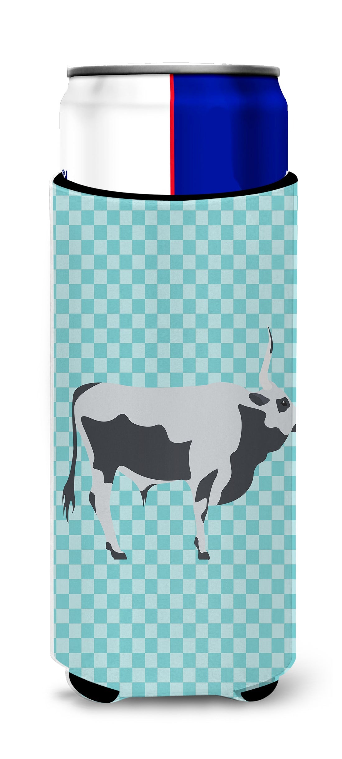 Hungarian Grey Steppe Cow Blue Check Slim Can Hugger , Insulated Foam Hugger for 12 oz Slim Cans, Beer Bottles & Water Bottles, Printed in USA