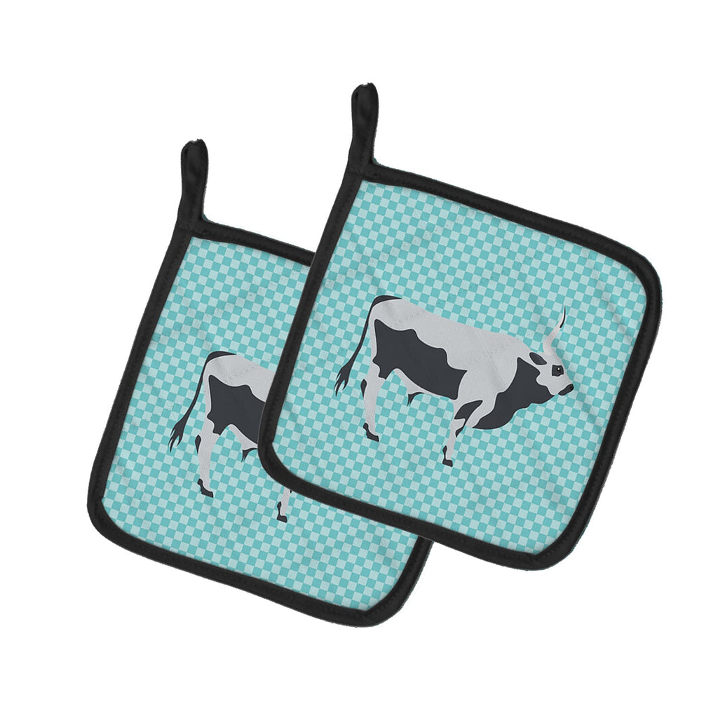 Hungarian Grey Steppe Cow Blue Check Pot Holder Set of 2 Heat Resistant Quilted Hot Pads 7.5 x 7.5 Inch, Insulated Kitchen Trivets for Cooking & Baking