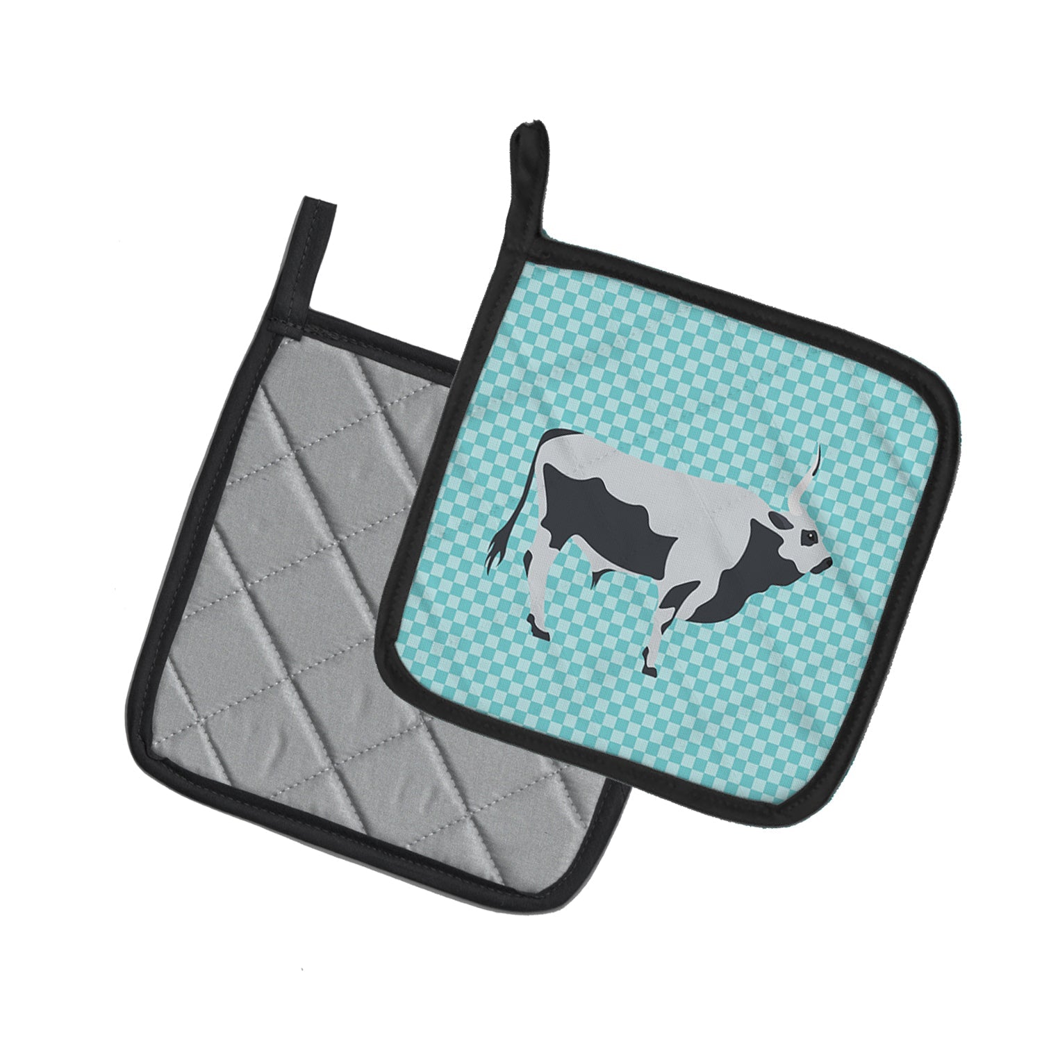 Hungarian Grey Steppe Cow Blue Check Pot Holder Set of 2 Heat Resistant Quilted Hot Pads 7.5 x 7.5 Inch, Insulated Kitchen Trivets for Cooking & Baking