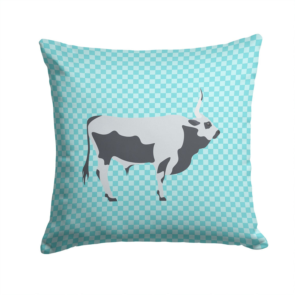 Hungarian Grey Steppe Cow Blue Check Decorative Throw Pillow 14x14 Indoor Outdoor Accent Cushion, Fabric Cover with Insert for Sofa, Bed, Porch & Living Room