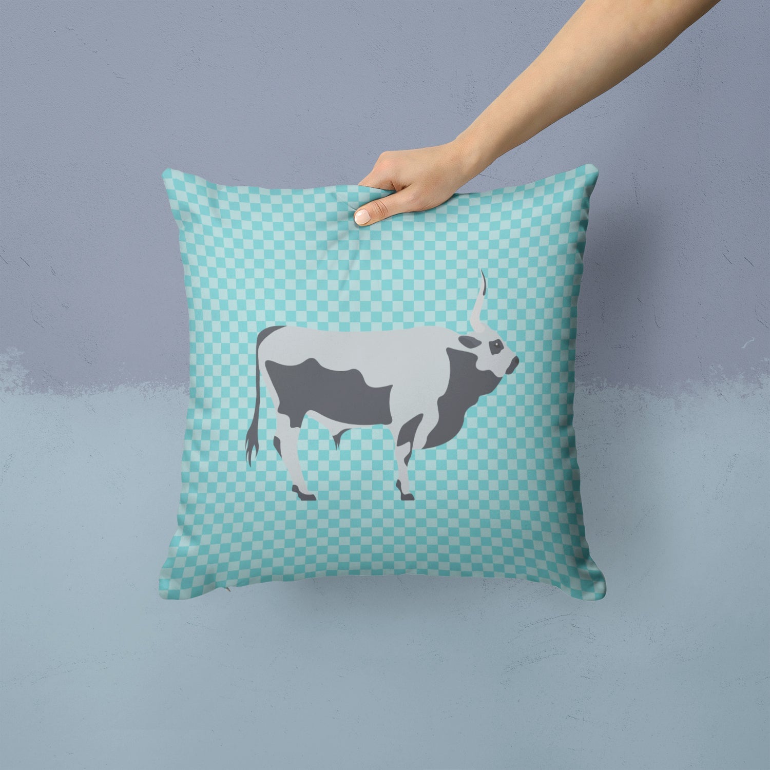 Hungarian Grey Steppe Cow Blue Check Decorative Throw Pillow 14x14 Indoor Outdoor Accent Cushion, Fabric Cover with Insert for Sofa, Bed, Porch & Living Room