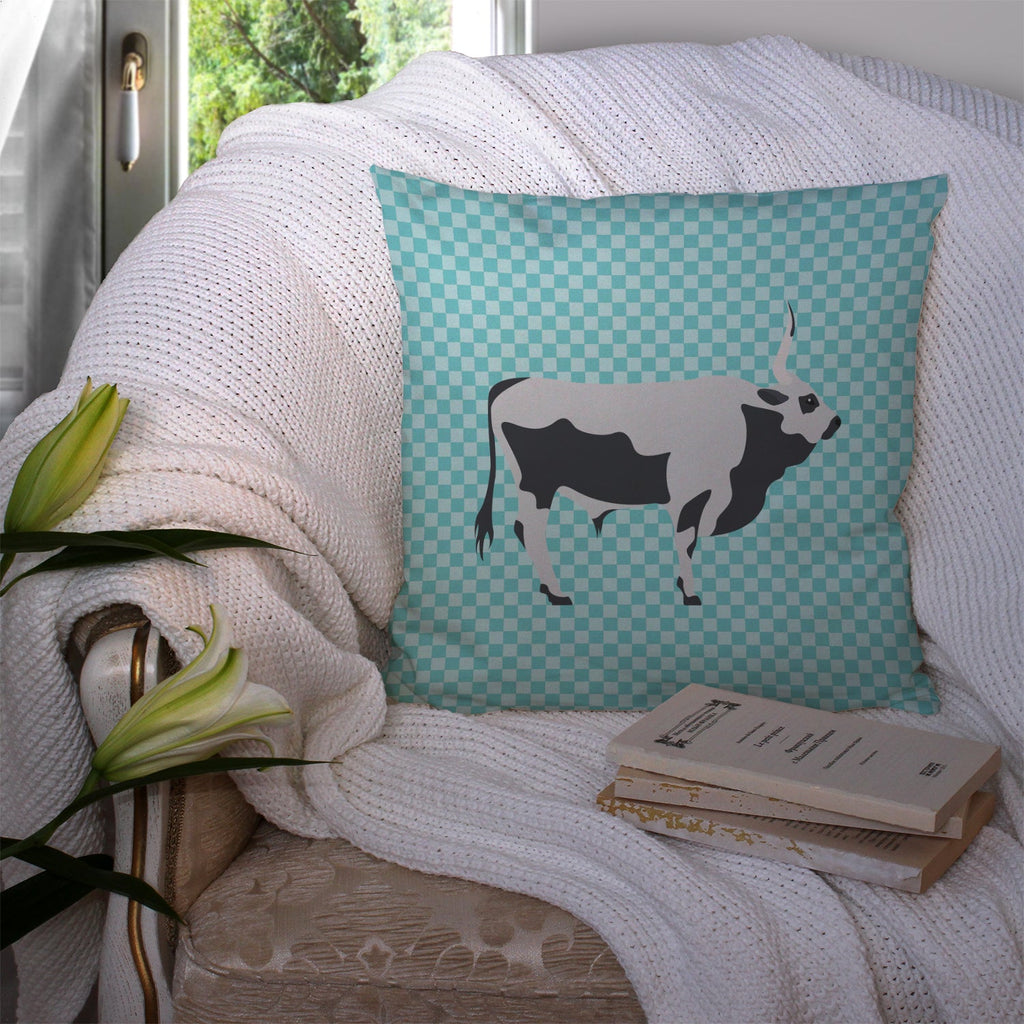 Hungarian Grey Steppe Cow Blue Check Decorative Throw Pillow 14x14 Indoor Outdoor Accent Cushion, Fabric Cover with Insert for Sofa, Bed, Porch & Living Room