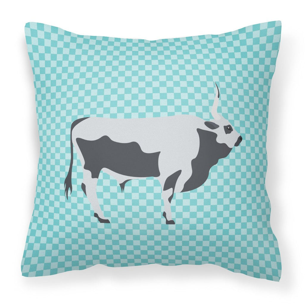 Hungarian Grey Steppe Cow Blue Check Decorative Throw Pillow 18x18 Indoor Outdoor Accent Cushion, Fabric Cover with Insert for Sofa, Bed, Porch & Living Room