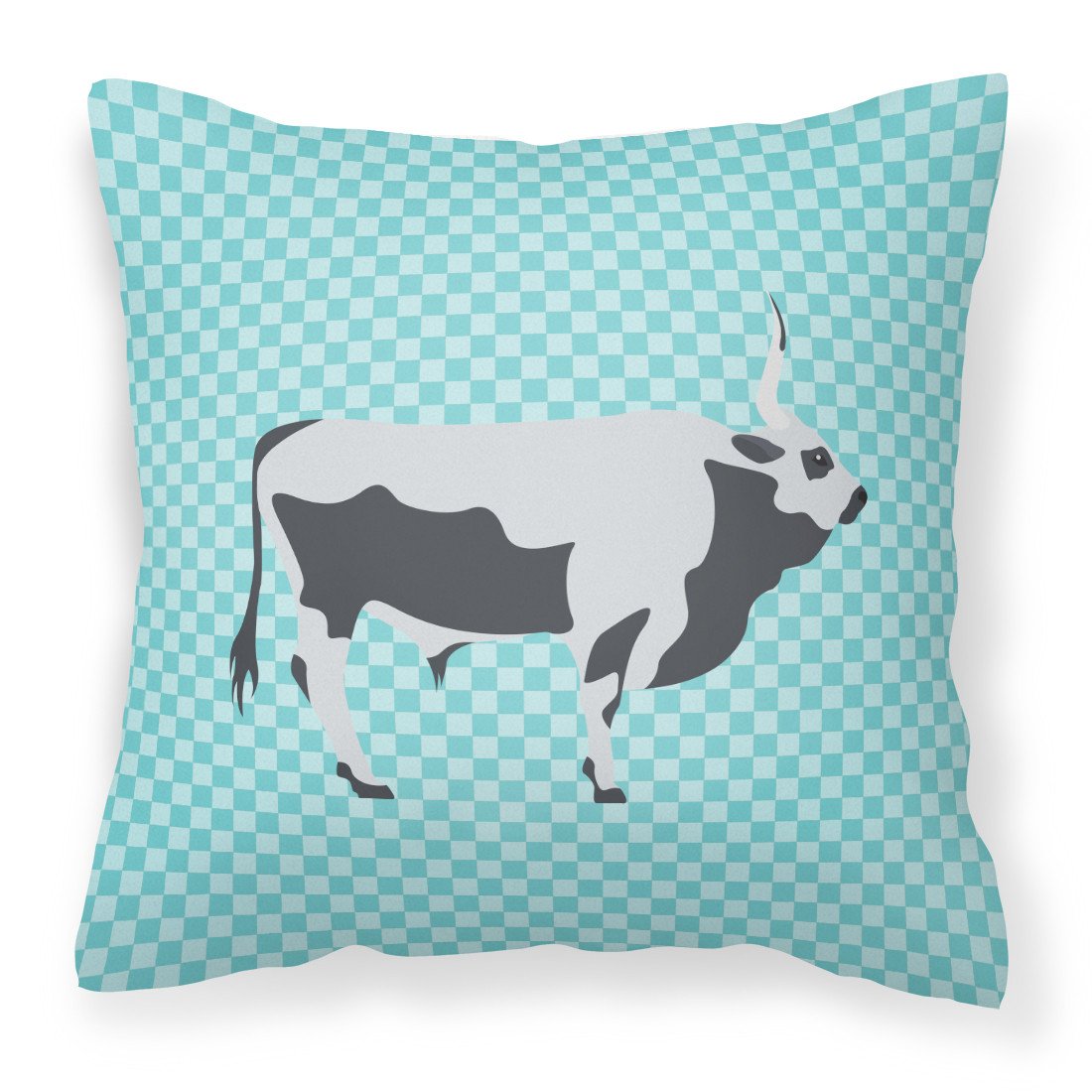 Hungarian Grey Steppe Cow Blue Check Decorative Throw Pillow 18x18 Indoor Outdoor Accent Cushion, Fabric Cover with Insert for Sofa, Bed, Porch & Living Room