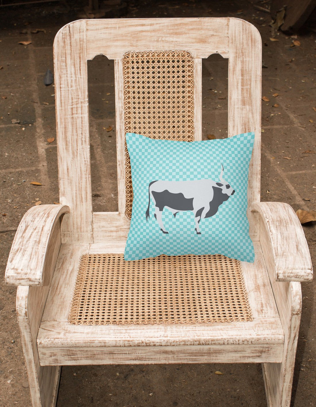 Hungarian Grey Steppe Cow Blue Check Decorative Throw Pillow 18x18 Indoor Outdoor Accent Cushion, Fabric Cover with Insert for Sofa, Bed, Porch & Living Room