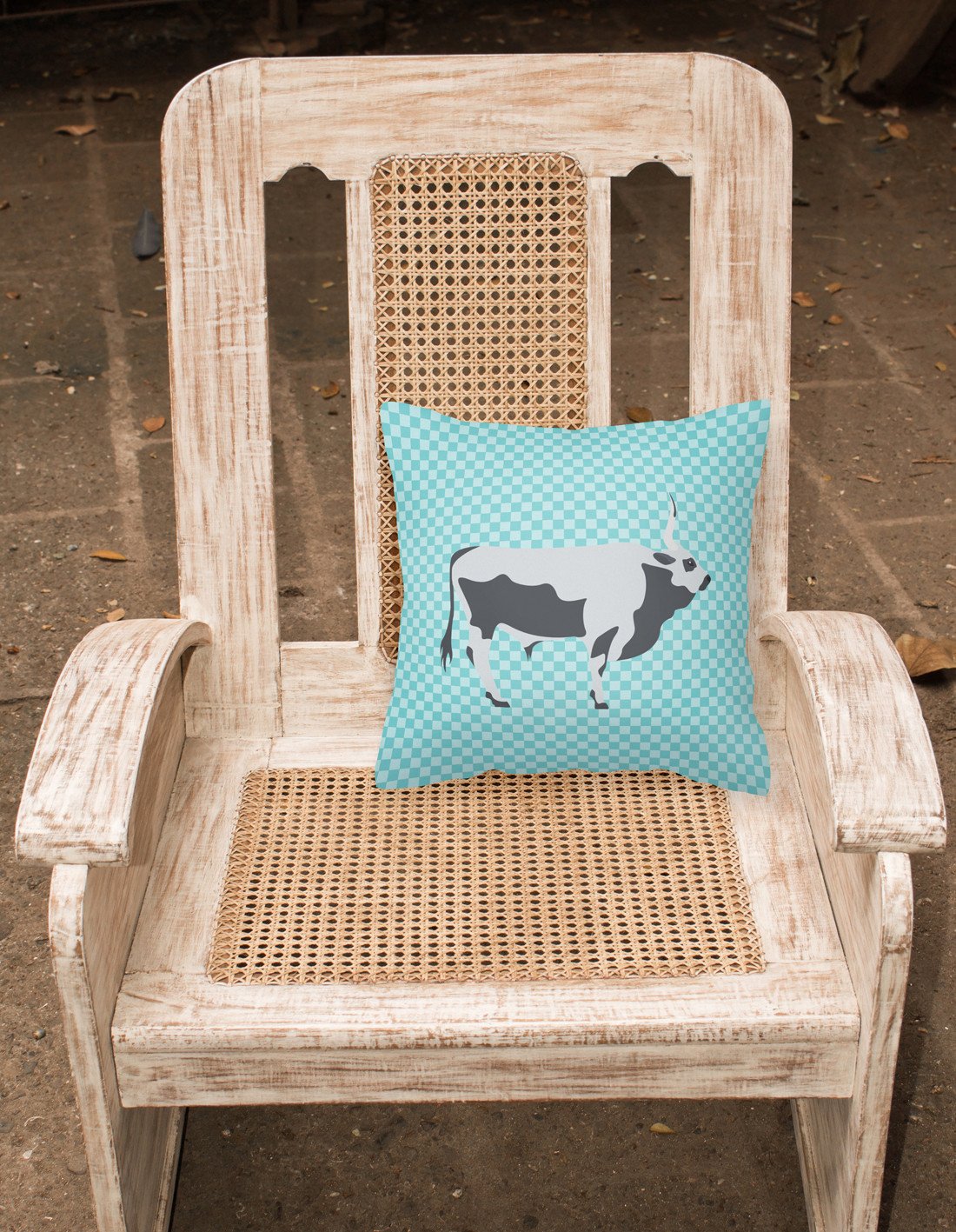 Hungarian Grey Steppe Cow Blue Check Decorative Throw Pillow 18x18 Indoor Outdoor Accent Cushion, Fabric Cover with Insert for Sofa, Bed, Porch & Living Room