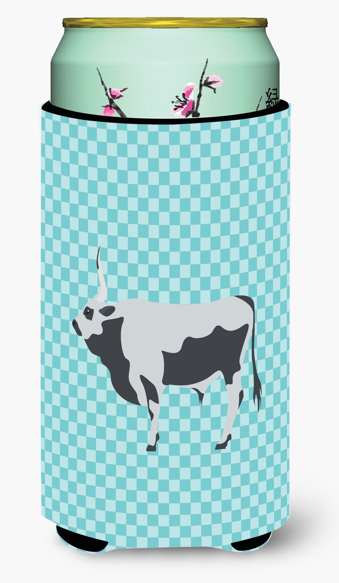 Hungarian Grey Steppe Cow Blue Check Tall Boy Hugger Can Cooler Sleeve Machine Washable Drink Collapsible Insulator Beverage Insulated Holder