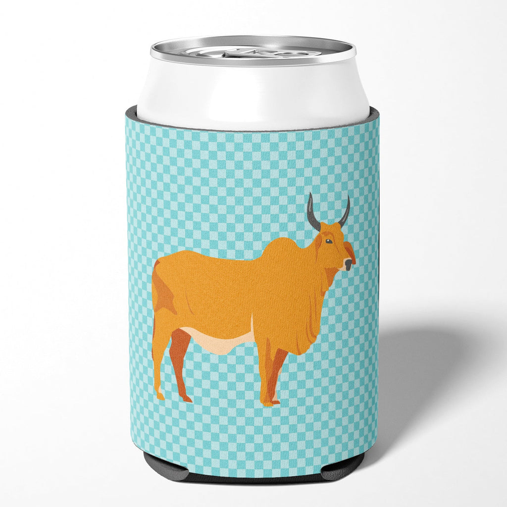 Zebu Indicine Cow Blue Check Can or Bottle Hugger Cooler Sleeve for Standard 12 oz Cans, Insulated Foam Beer & Soda Can Hugger Reusable