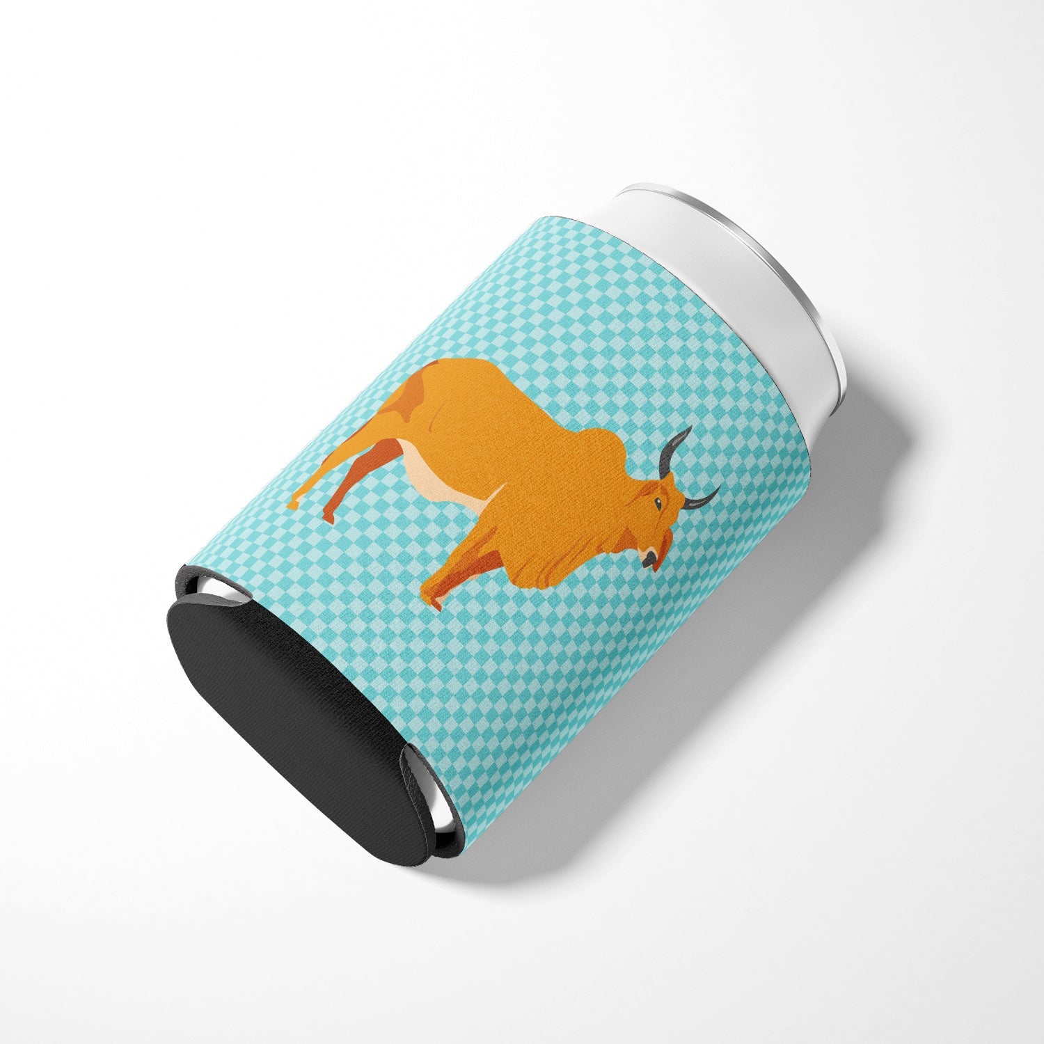 Zebu Indicine Cow Blue Check Can or Bottle Hugger Cooler Sleeve for Standard 12 oz Cans, Insulated Foam Beer & Soda Can Hugger Reusable