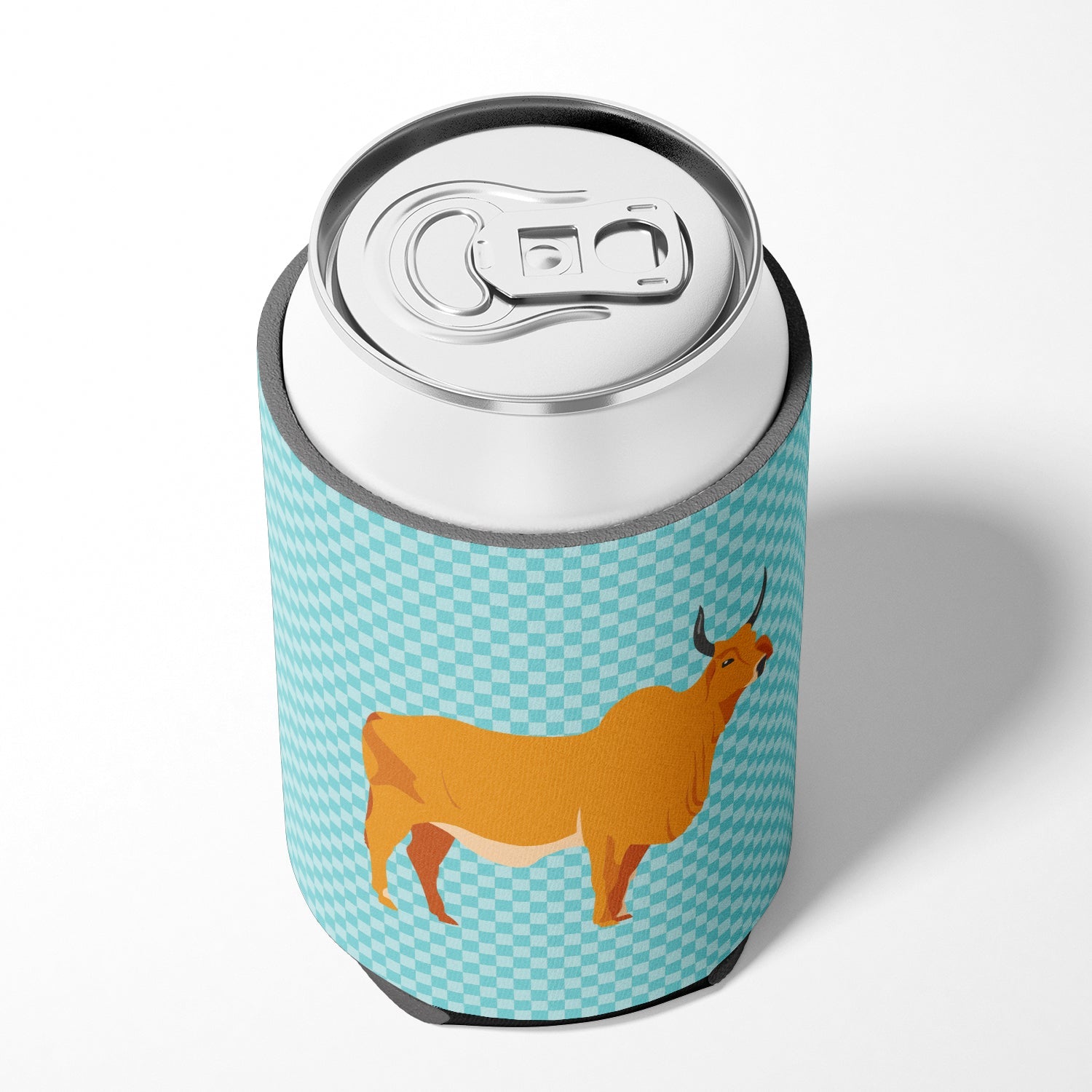 Zebu Indicine Cow Blue Check Can or Bottle Hugger Cooler Sleeve for Standard 12 oz Cans, Insulated Foam Beer & Soda Can Hugger Reusable