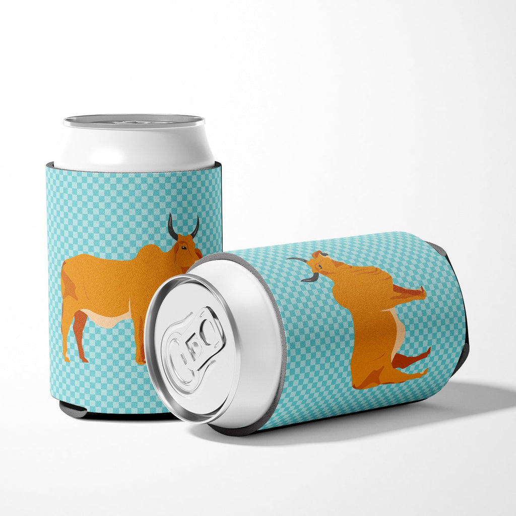 Zebu Indicine Cow Blue Check Can or Bottle Hugger Cooler Sleeve for Standard 12 oz Cans, Insulated Foam Beer & Soda Can Hugger Reusable