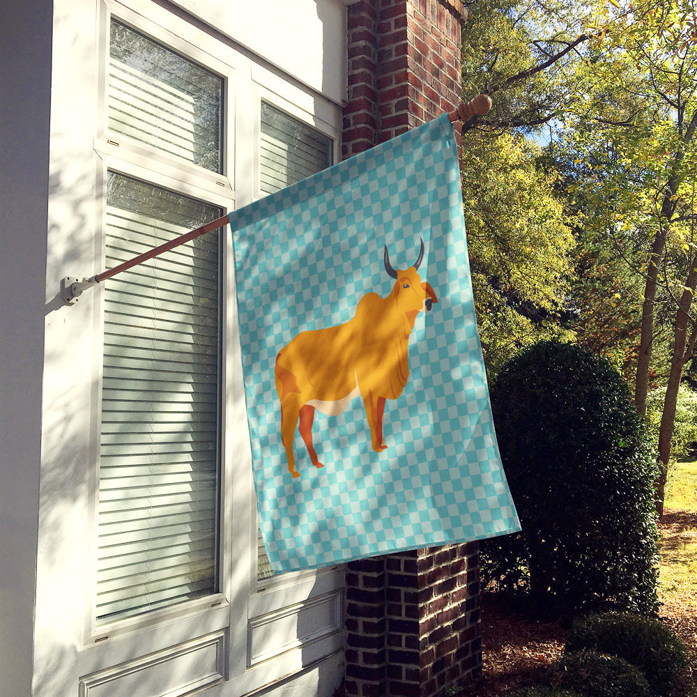 Zebu Indicine Cow Blue Check House Flag 28x40 Porch Sleeve Pole Decorative Outside Yard Banner Artwork Wall Hanging, Polyester