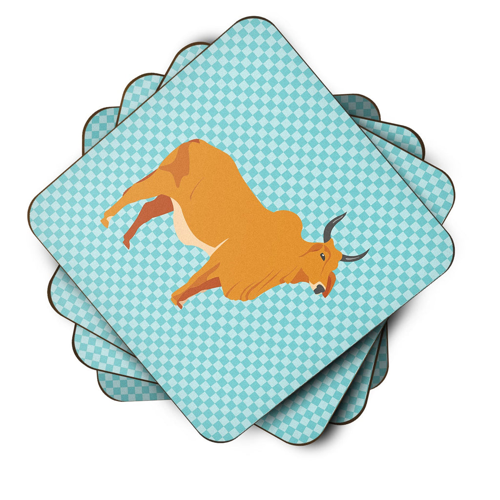 Zebu Indicine Cow Blue Check Foam Coasters Set of 4 Cup Coasters for Indoor Outdoor, Tabletop Protection, Anti Slip, Mouse pad Material