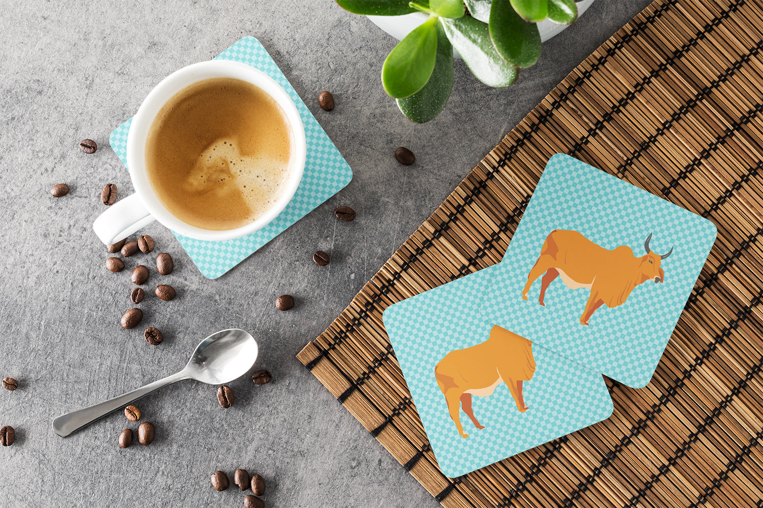 Zebu Indicine Cow Blue Check Foam Coasters Set of 4 Cup Coasters for Indoor Outdoor, Tabletop Protection, Anti Slip, Mouse pad Material
