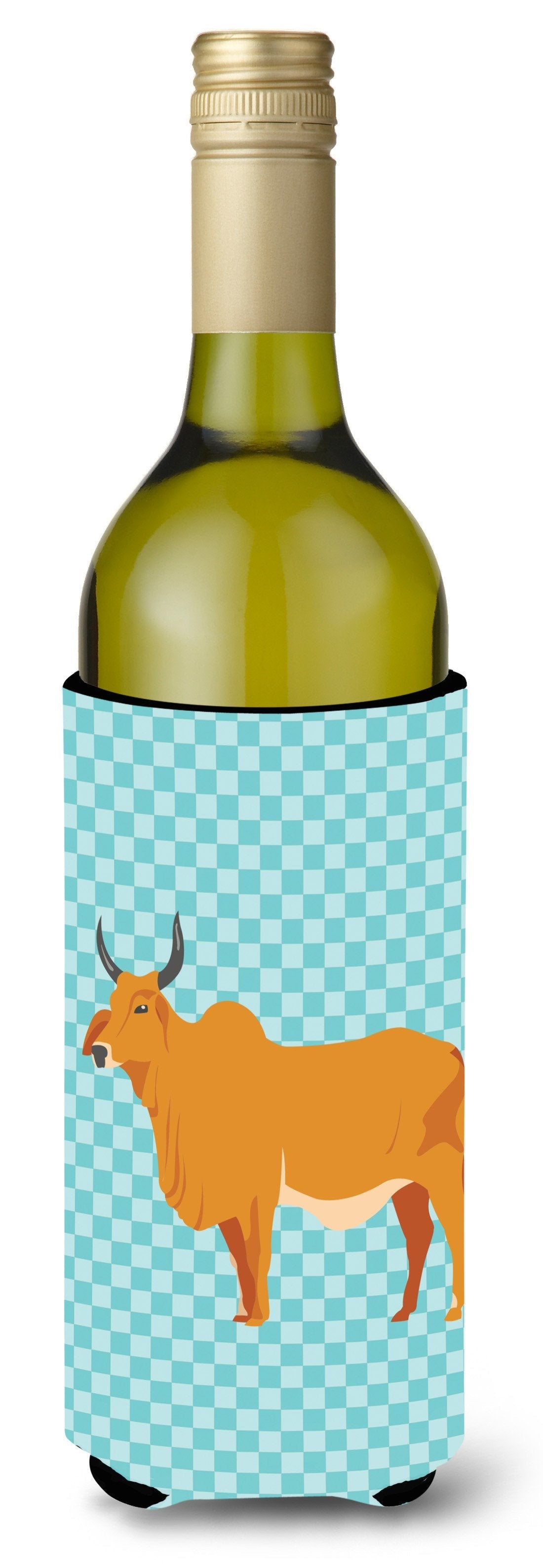 Zebu Indicine Cow Blue Check Wine Bottle Hugger Gift Sleeve for Standard 750 ml Bottles, Insulated Reusable Also Fits Mini Shot & Pint Bottles