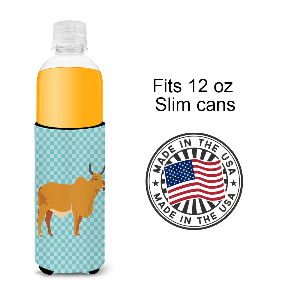 Zebu Indicine Cow Blue Check Slim Can Hugger , Insulated Foam Hugger for 12 oz Slim Cans, Beer Bottles & Water Bottles, Printed in USA