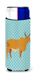 Zebu Indicine Cow Blue Check Slim Can Hugger , Insulated Foam Hugger for 12 oz Slim Cans, Beer Bottles & Water Bottles, Printed in USA