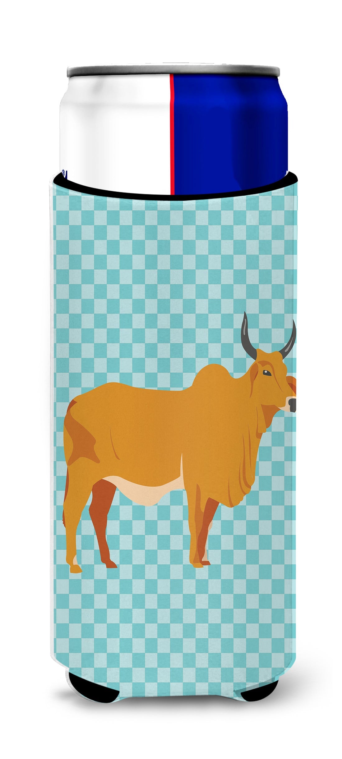 Zebu Indicine Cow Blue Check Slim Can Hugger , Insulated Foam Hugger for 12 oz Slim Cans, Beer Bottles & Water Bottles, Printed in USA