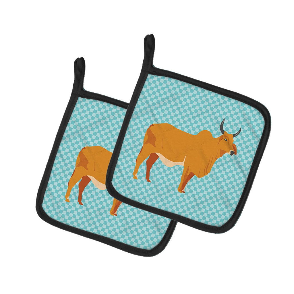 Zebu Indicine Cow Blue Check Pot Holder Set of 2 Heat Resistant Quilted Hot Pads 7.5 x 7.5 Inch, Insulated Kitchen Trivets for Cooking & Baking