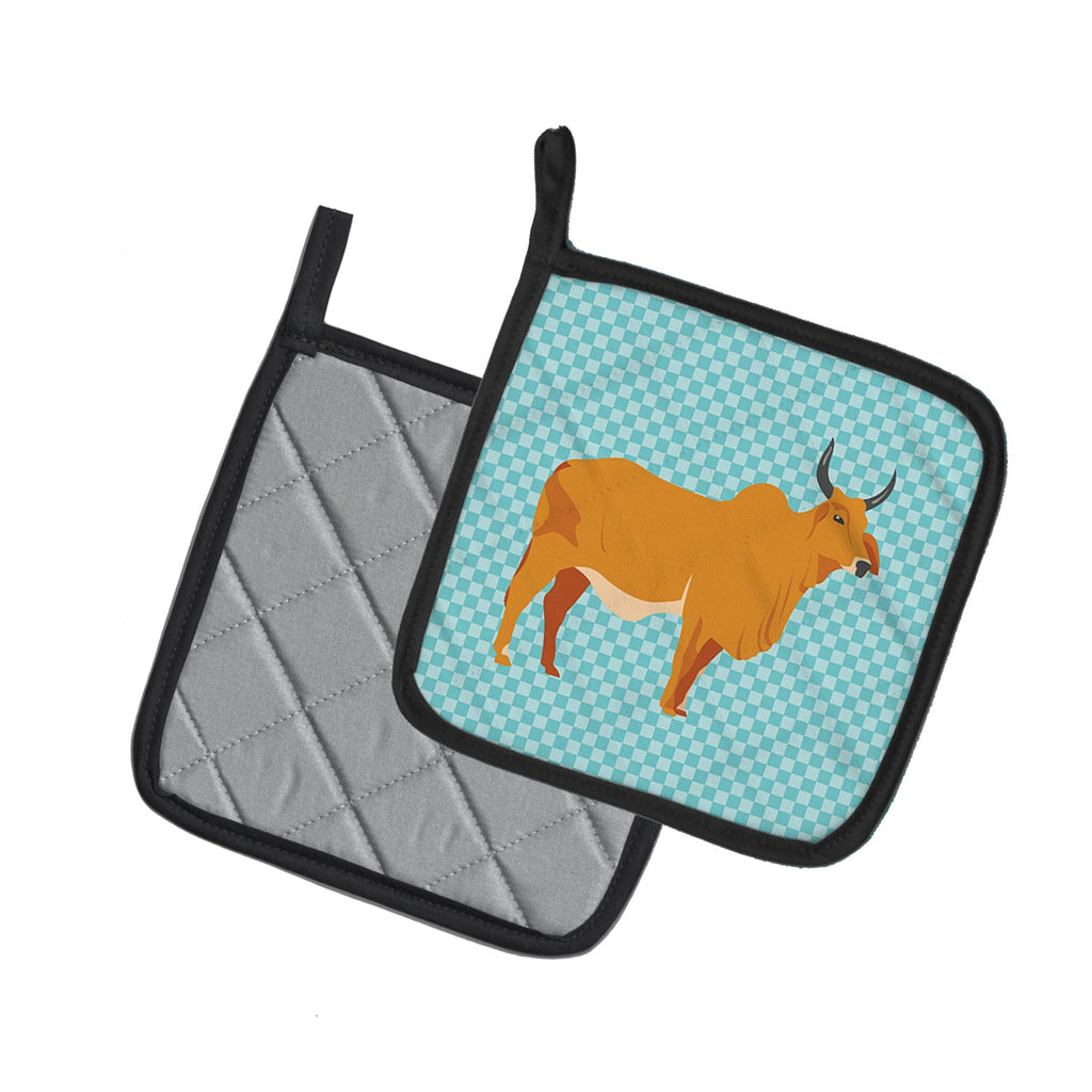 Zebu Indicine Cow Blue Check Pot Holder Set of 2 Heat Resistant Quilted Hot Pads 7.5 x 7.5 Inch, Insulated Kitchen Trivets for Cooking & Baking