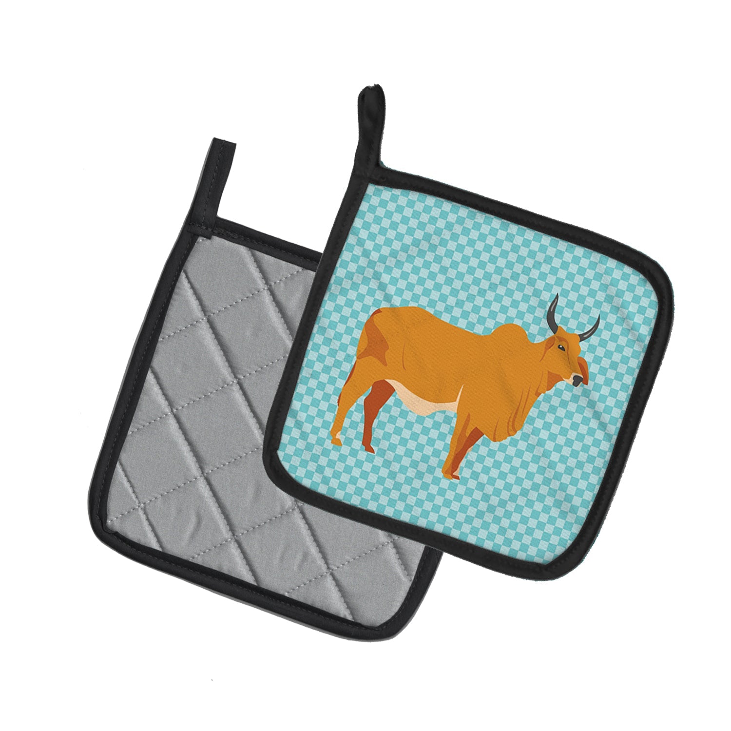 Zebu Indicine Cow Blue Check Pot Holder Set of 2 Heat Resistant Quilted Hot Pads 7.5 x 7.5 Inch, Insulated Kitchen Trivets for Cooking & Baking