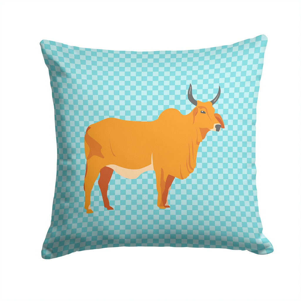 Zebu Indicine Cow Blue Check Decorative Throw Pillow 14x14 Indoor Outdoor Accent Cushion, Fabric Cover with Insert for Sofa, Bed, Porch & Living Room