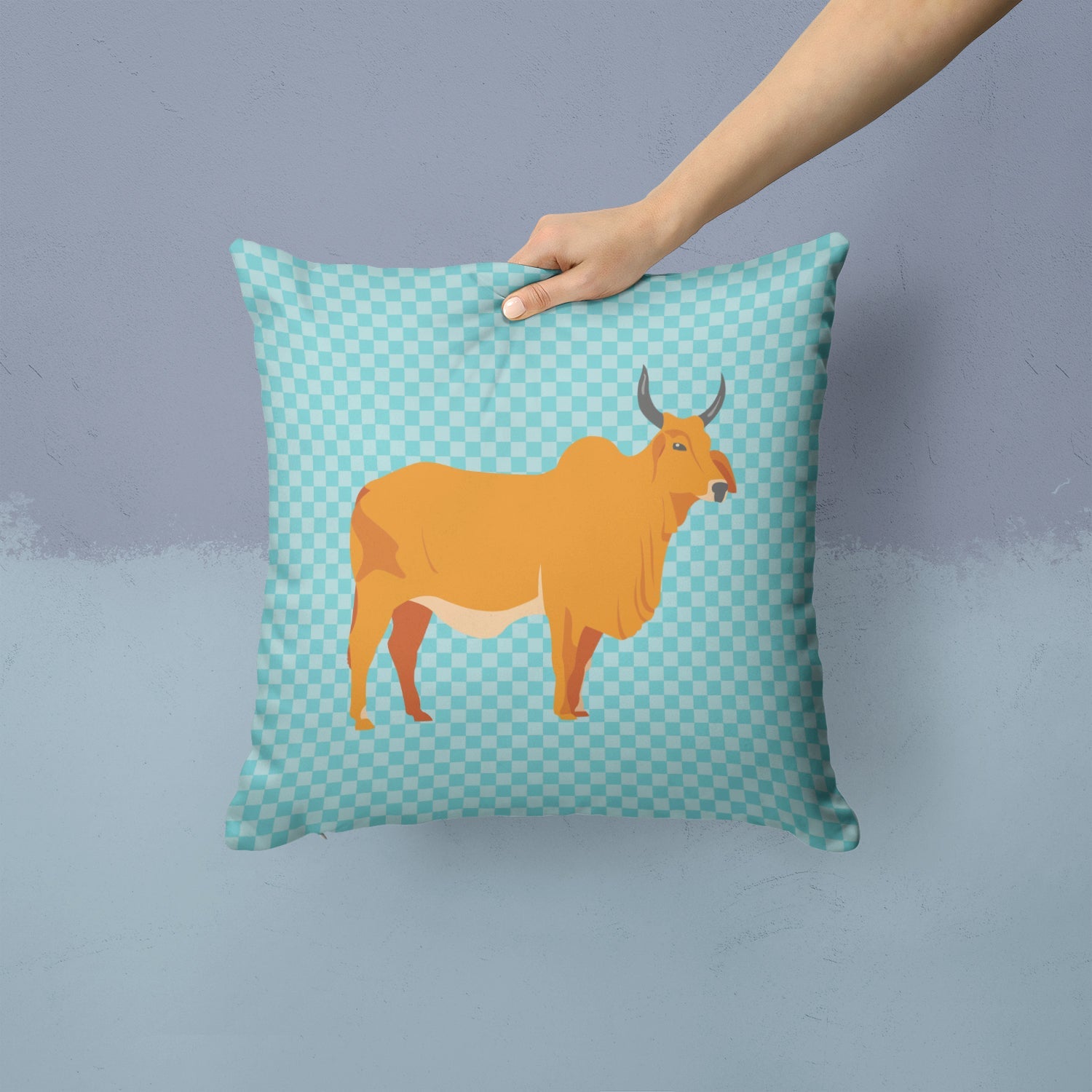 Zebu Indicine Cow Blue Check Decorative Throw Pillow 14x14 Indoor Outdoor Accent Cushion, Fabric Cover with Insert for Sofa, Bed, Porch & Living Room