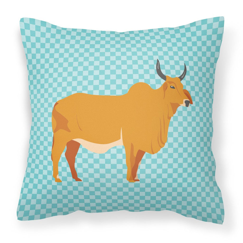 Zebu Indicine Cow Blue Check Decorative Throw Pillow 18x18 Indoor Outdoor Accent Cushion, Fabric Cover with Insert for Sofa, Bed, Porch & Living Room