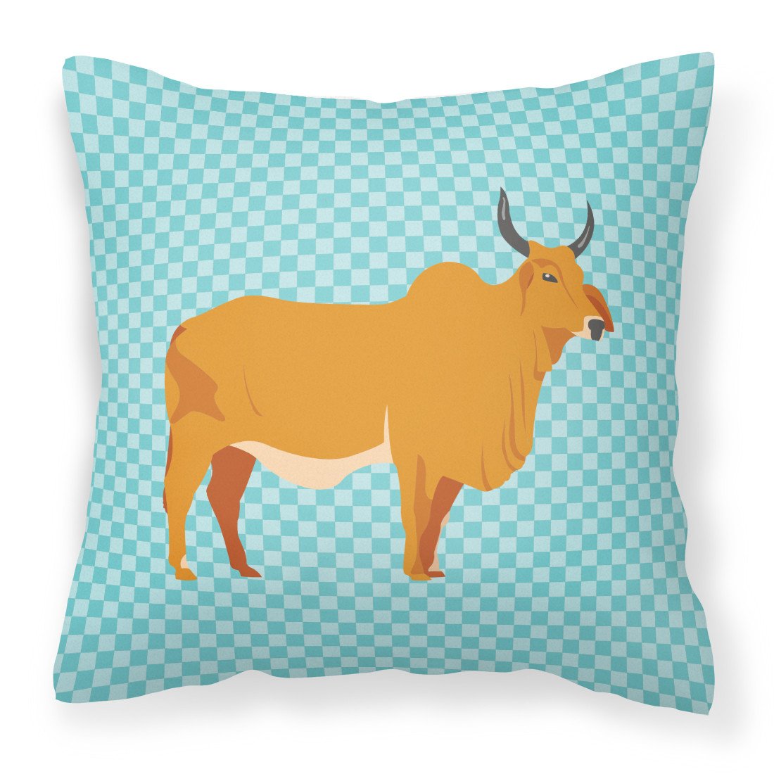Zebu Indicine Cow Blue Check Decorative Throw Pillow 18x18 Indoor Outdoor Accent Cushion, Fabric Cover with Insert for Sofa, Bed, Porch & Living Room