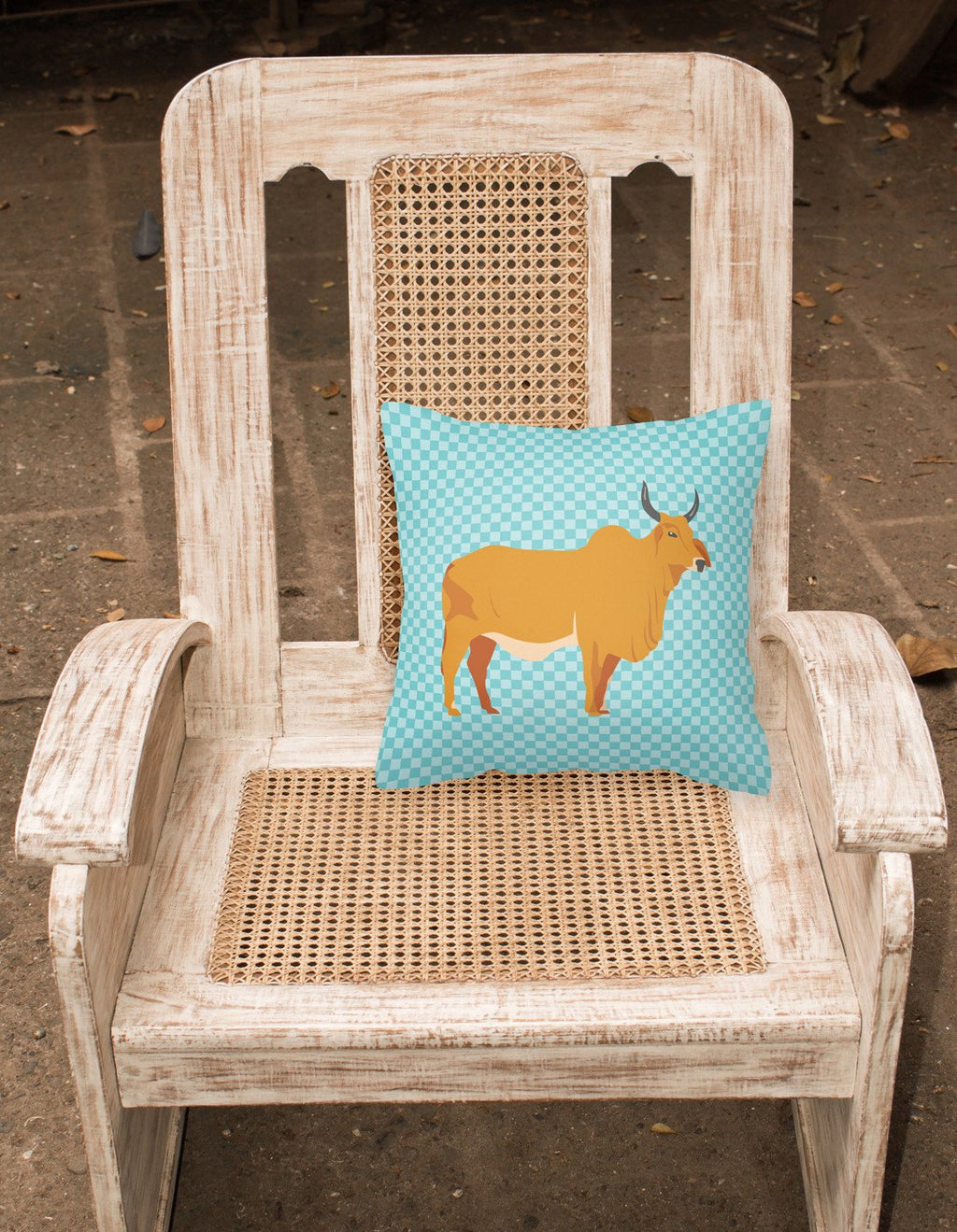 Zebu Indicine Cow Blue Check Decorative Throw Pillow 18x18 Indoor Outdoor Accent Cushion, Fabric Cover with Insert for Sofa, Bed, Porch & Living Room