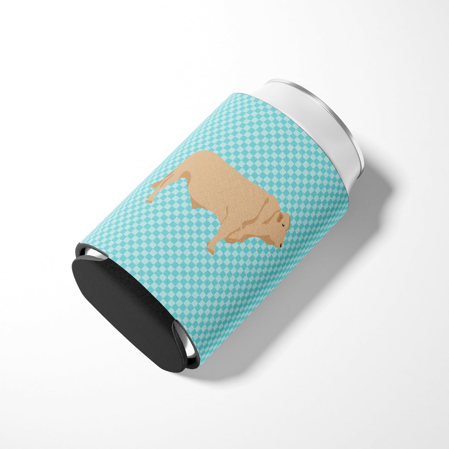 Charolais Cow Blue Check Can or Bottle Hugger Cooler Sleeve for Standard 12 oz Cans, Insulated Foam Beer & Soda Can Hugger Reusable