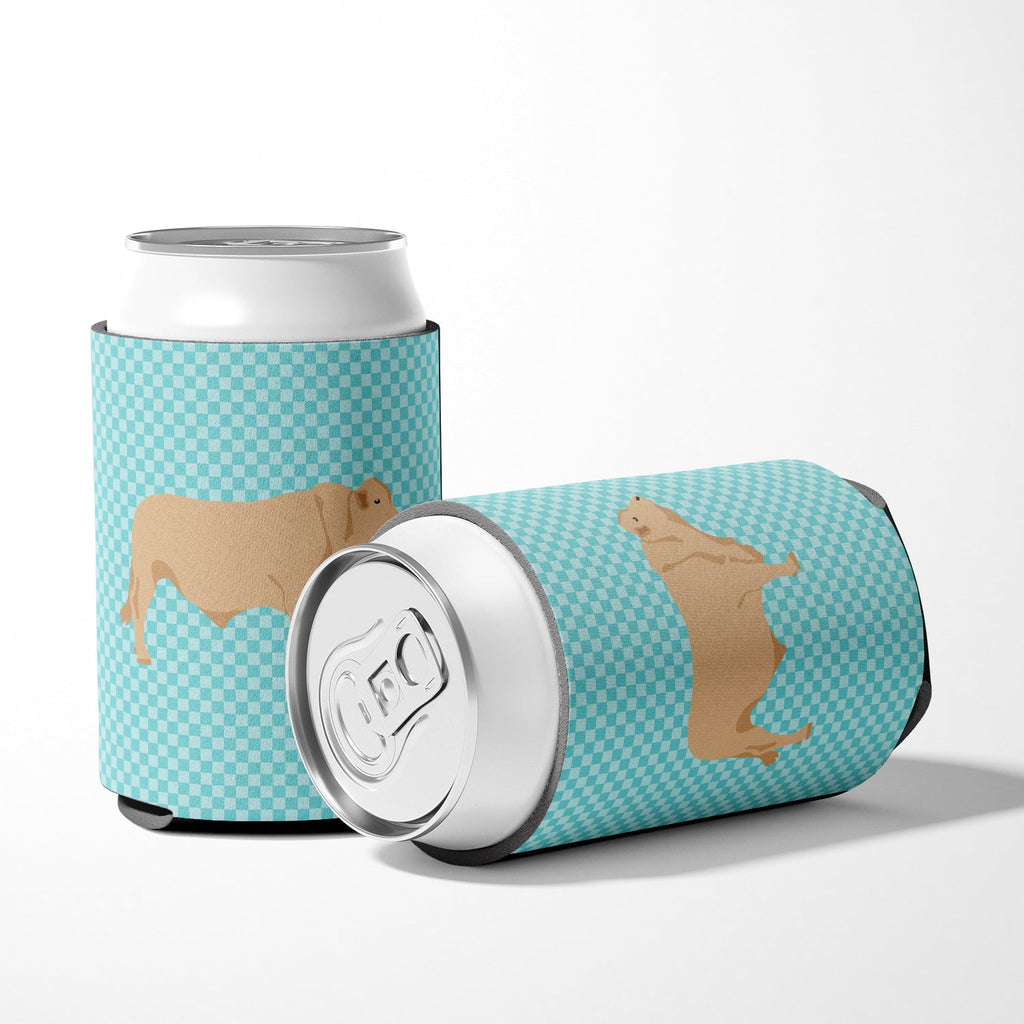 Charolais Cow Blue Check Can or Bottle Hugger Cooler Sleeve for Standard 12 oz Cans, Insulated Foam Beer & Soda Can Hugger Reusable