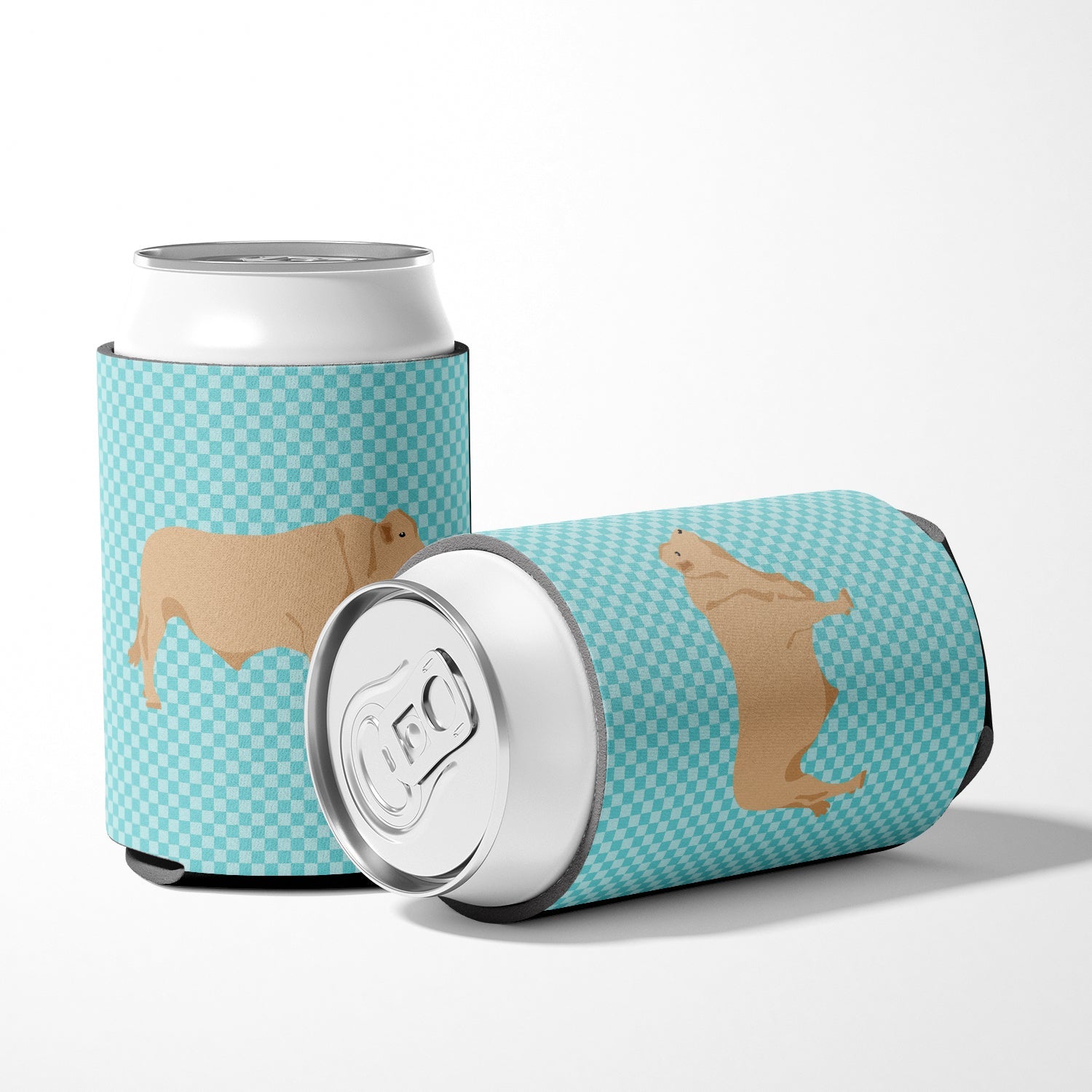 Charolais Cow Blue Check Can or Bottle Hugger Cooler Sleeve for Standard 12 oz Cans, Insulated Foam Beer & Soda Can Hugger Reusable