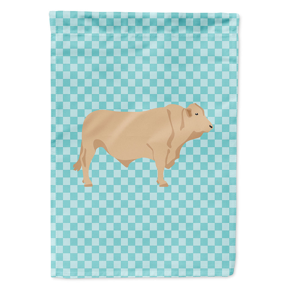 Charolais Cow Blue Check House Flag 28x40 Porch Sleeve Pole Decorative Outside Yard Banner Artwork Wall Hanging, Polyester