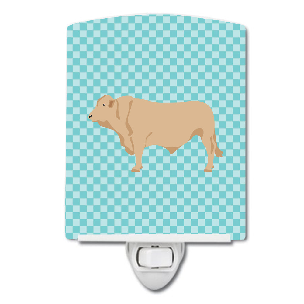 Charolais Cow Blue Check Ceramic Night Light Compact, UL-Certified, Ideal for Bedroom, Bathroom, Nursery, Hallway, Kitchen, 6x4x3, Multicolor