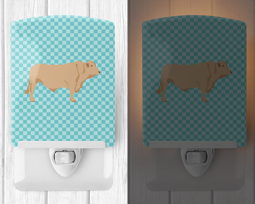 Charolais Cow Blue Check Ceramic Night Light Compact, UL-Certified, Ideal for Bedroom, Bathroom, Nursery, Hallway, Kitchen, 6x4x3, Multicolor