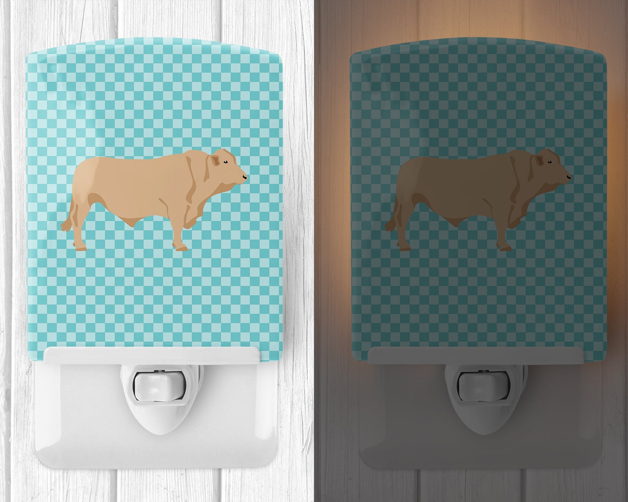 Charolais Cow Blue Check Ceramic Night Light Compact, UL-Certified, Ideal for Bedroom, Bathroom, Nursery, Hallway, Kitchen, 6x4x3, Multicolor