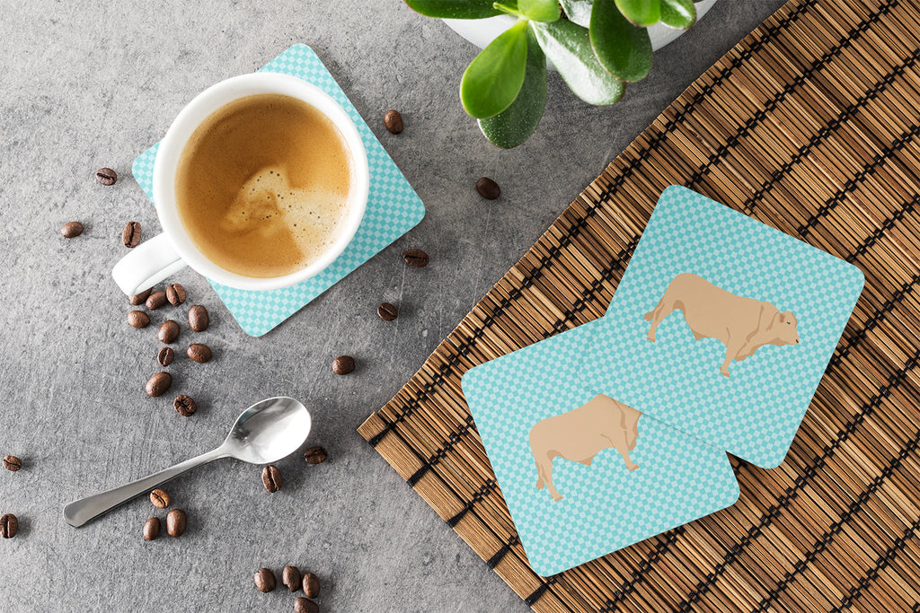 Charolais Cow Blue Check Foam Coasters Set of 4 Cup Coasters for Indoor Outdoor, Tabletop Protection, Anti Slip, Mouse pad Material