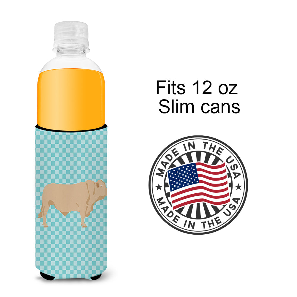 Charolais Cow Blue Check Slim Can Hugger , Insulated Foam Hugger for 12 oz Slim Cans, Beer Bottles & Water Bottles, Printed in USA