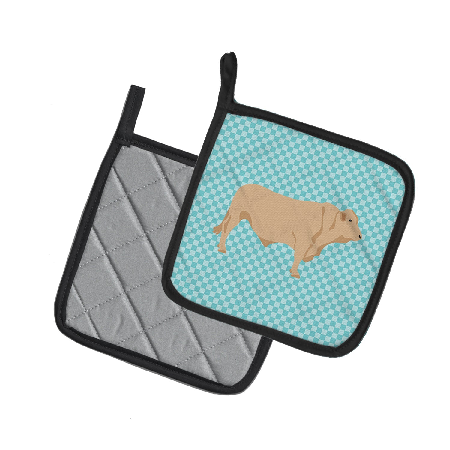 Charolais Cow Blue Check Pot Holder Set of 2 Heat Resistant Quilted Hot Pads 7.5 x 7.5 Inch, Insulated Kitchen Trivets for Cooking & Baking