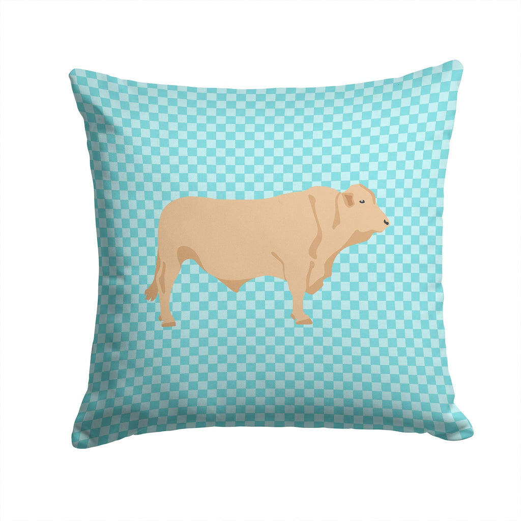 Charolais Cow Blue Check Decorative Throw Pillow 14x14 Indoor Outdoor Accent Cushion, Fabric Cover with Insert for Sofa, Bed, Porch & Living Room