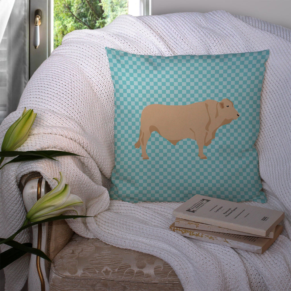 Charolais Cow Blue Check Decorative Throw Pillow 14x14 Indoor Outdoor Accent Cushion, Fabric Cover with Insert for Sofa, Bed, Porch & Living Room