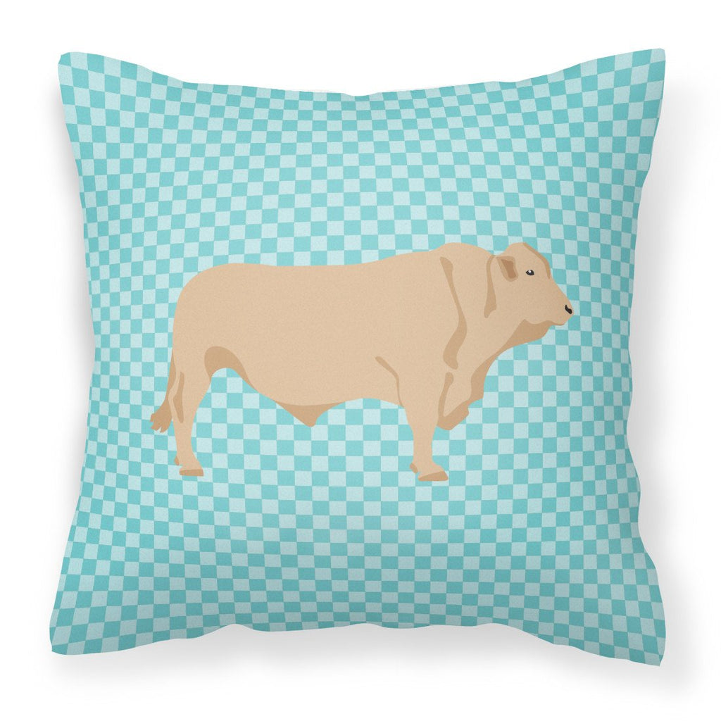 Charolais Cow Blue Check Decorative Throw Pillow 18x18 Indoor Outdoor Accent Cushion, Fabric Cover with Insert for Sofa, Bed, Porch & Living Room