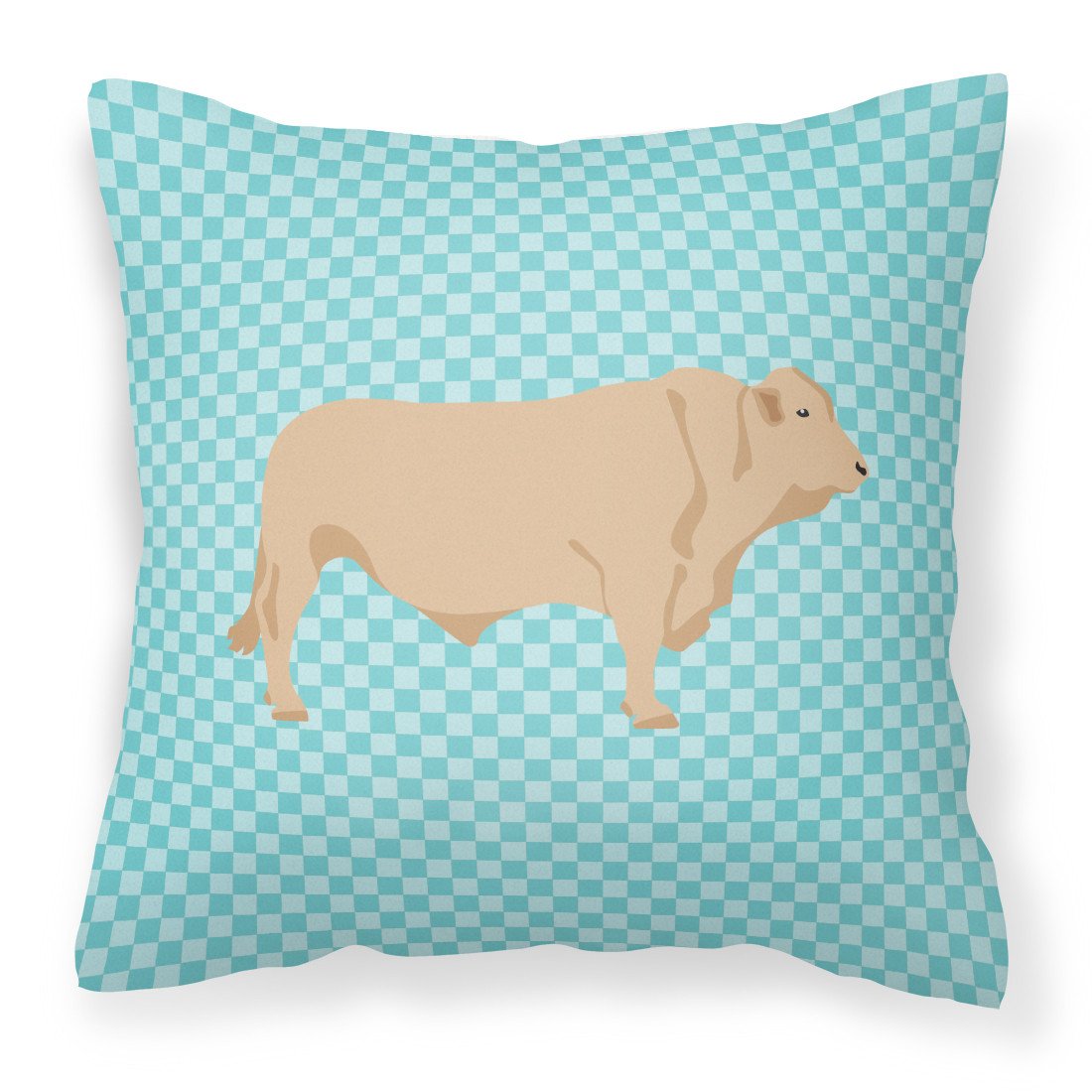 Charolais Cow Blue Check Decorative Throw Pillow 18x18 Indoor Outdoor Accent Cushion, Fabric Cover with Insert for Sofa, Bed, Porch & Living Room