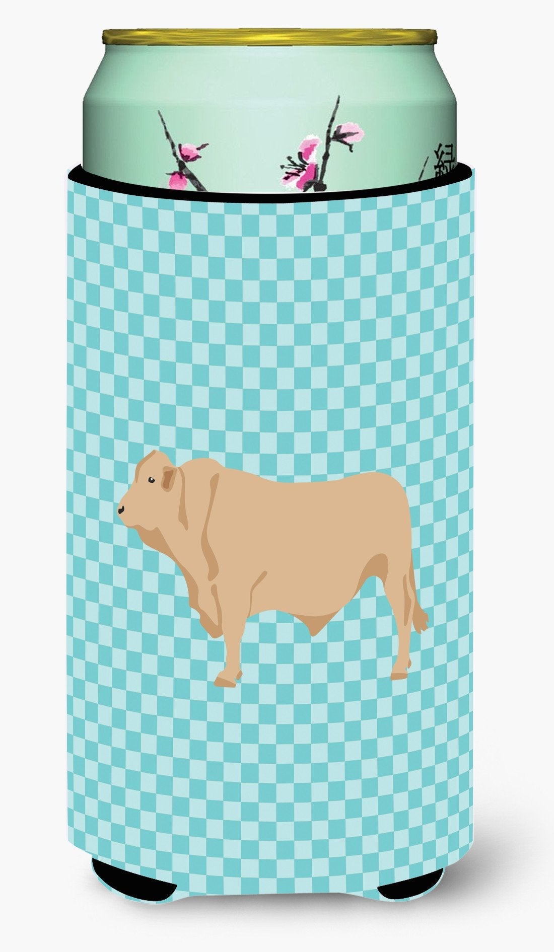 Charolais Cow Blue Check Tall Boy Hugger Can Cooler Sleeve Machine Washable Drink Collapsible Insulator Beverage Insulated Holder